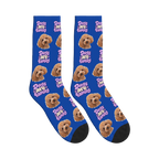 Dogs Are Family Bubble Socks in Cobalt Blue with a custom dog face and Dogs are family lettering