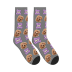 Dogs Are Family Bubble Socks in Gray with a custom dog face and Dogs are family lettering