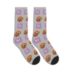 Dogs Are Family Bubble Socks in Light Gray with a custom dog face and Dogs are family lettering
