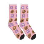 Dogs Are Family Bubble Socks in Pink with a custom dog face and Dogs are family lettering