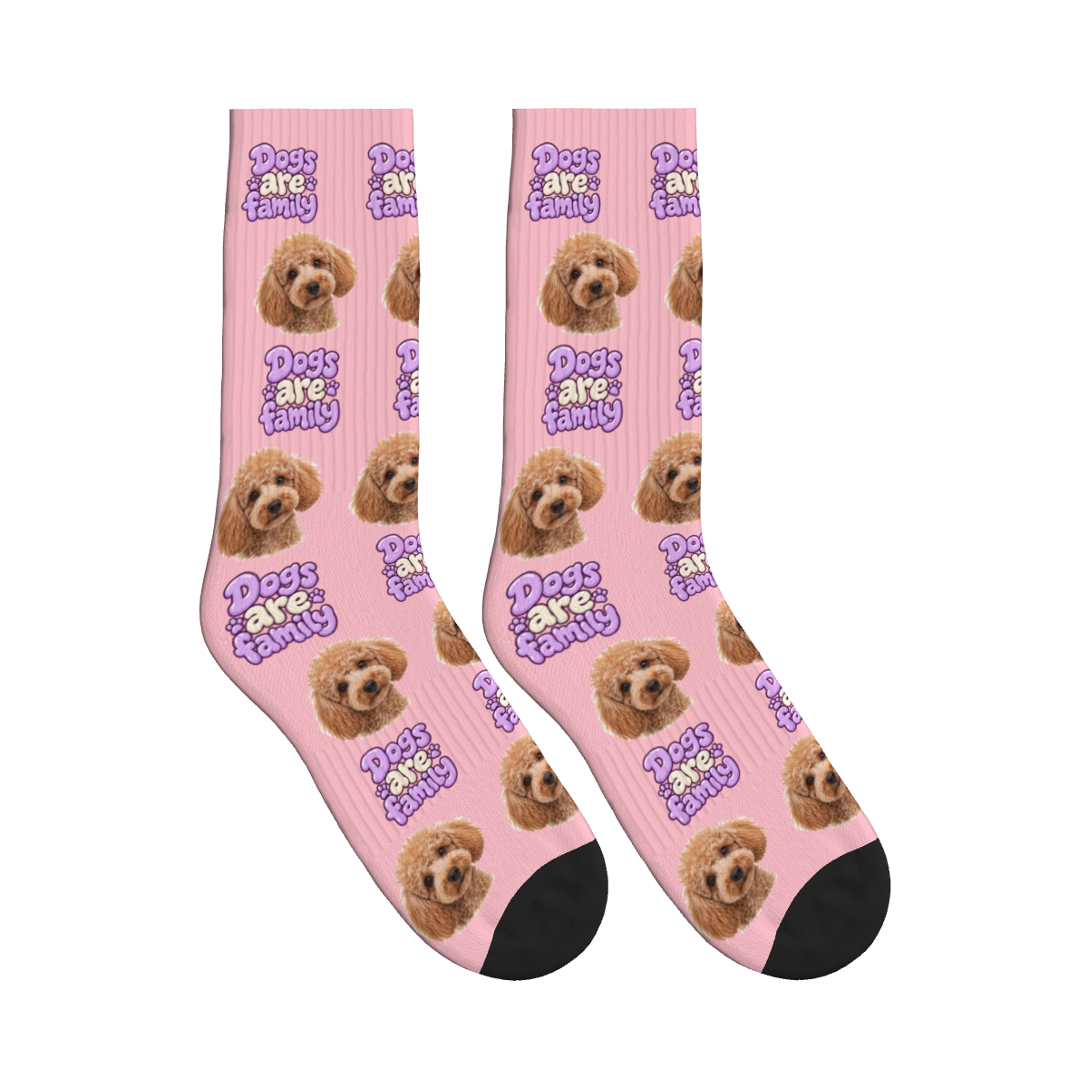 Dogs Are Family Bubble Socks in Pink with a custom dog face and Dogs are family lettering