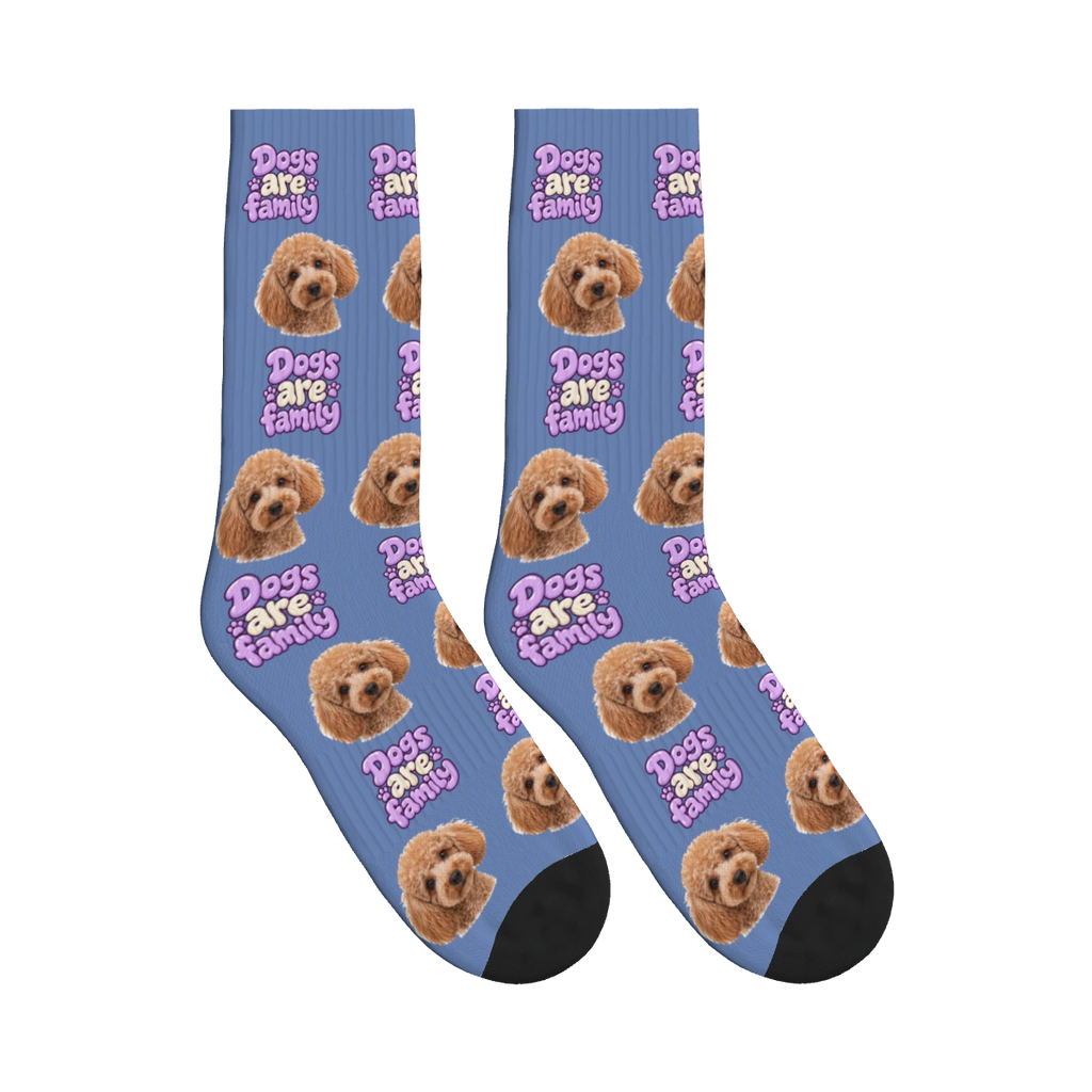 Dogs Are Family Bubble Socks in Slate Blue with a custom dog face and Dogs are family lettering