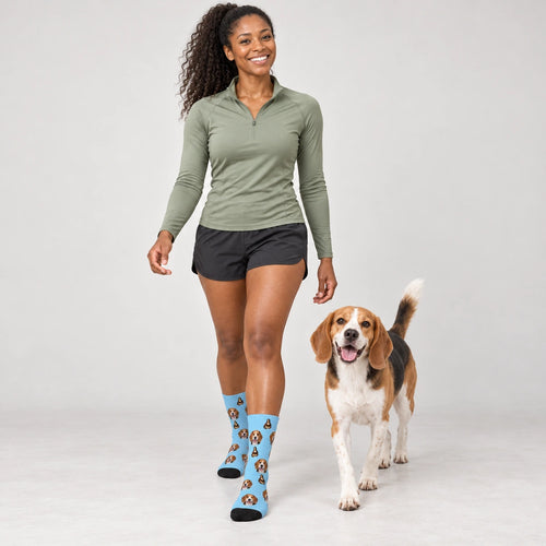 Classical Portrait Dog Face Socks in Sky Blue, Crew Socks modeled with a dog