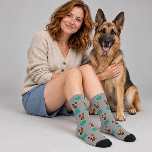 Washington State Map Dog Face Socks in Gray, Crew Socks modeled with a dog