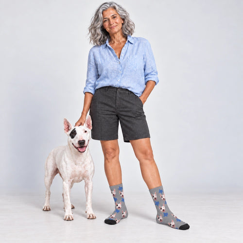 Texas Map Dog Face Socks in Gray, Crew Socks modeled with a dog
