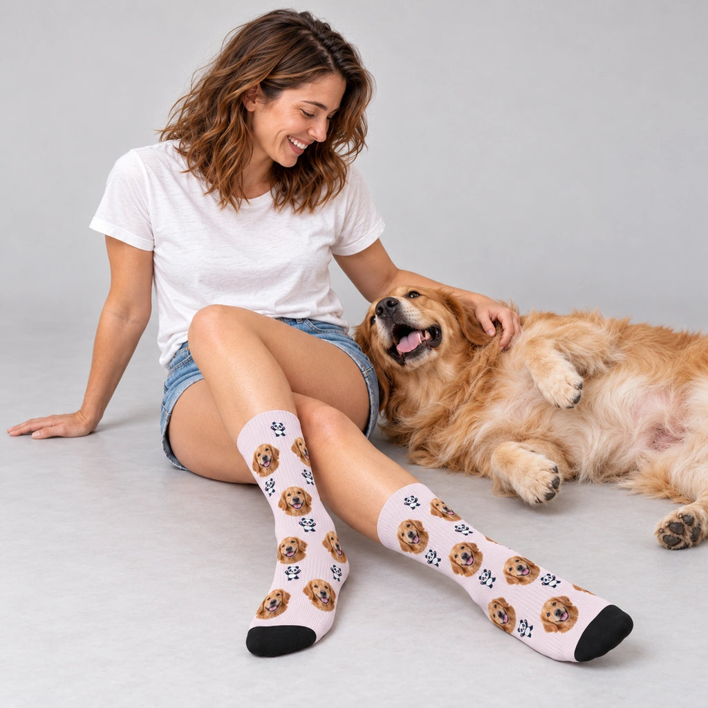Little Panda Dog Face Socks in Blush, Crew Socks modeled with a golden retriever