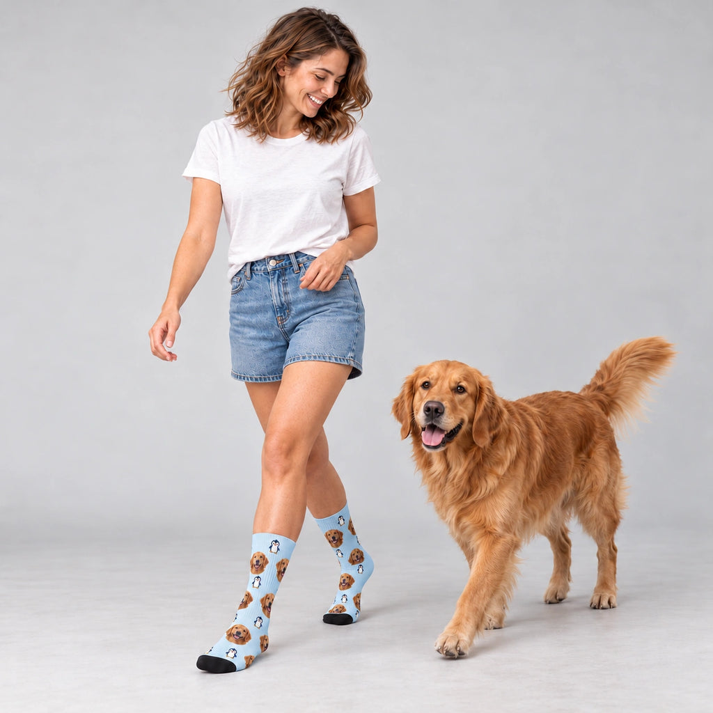 Little Penguin Dog Face Socks in Powder Blue, Crew Socks modeled with a golden retriever
