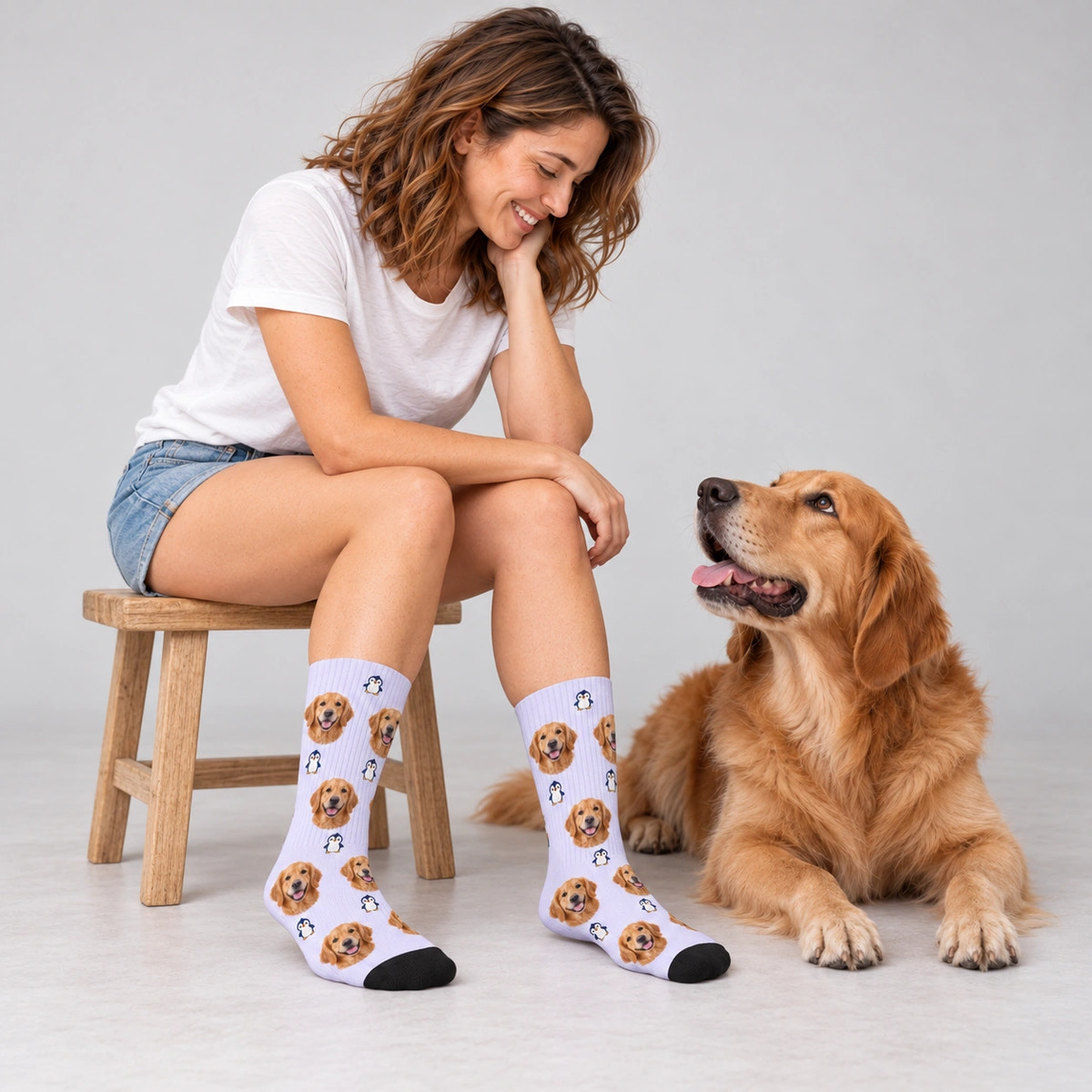 Little Penguin Dog Face Socks in Lavender, Crew Socks modeled with a golden retriever