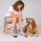Little Penguin Dog Face Socks in Lavender, Crew Socks modeled with a golden retriever