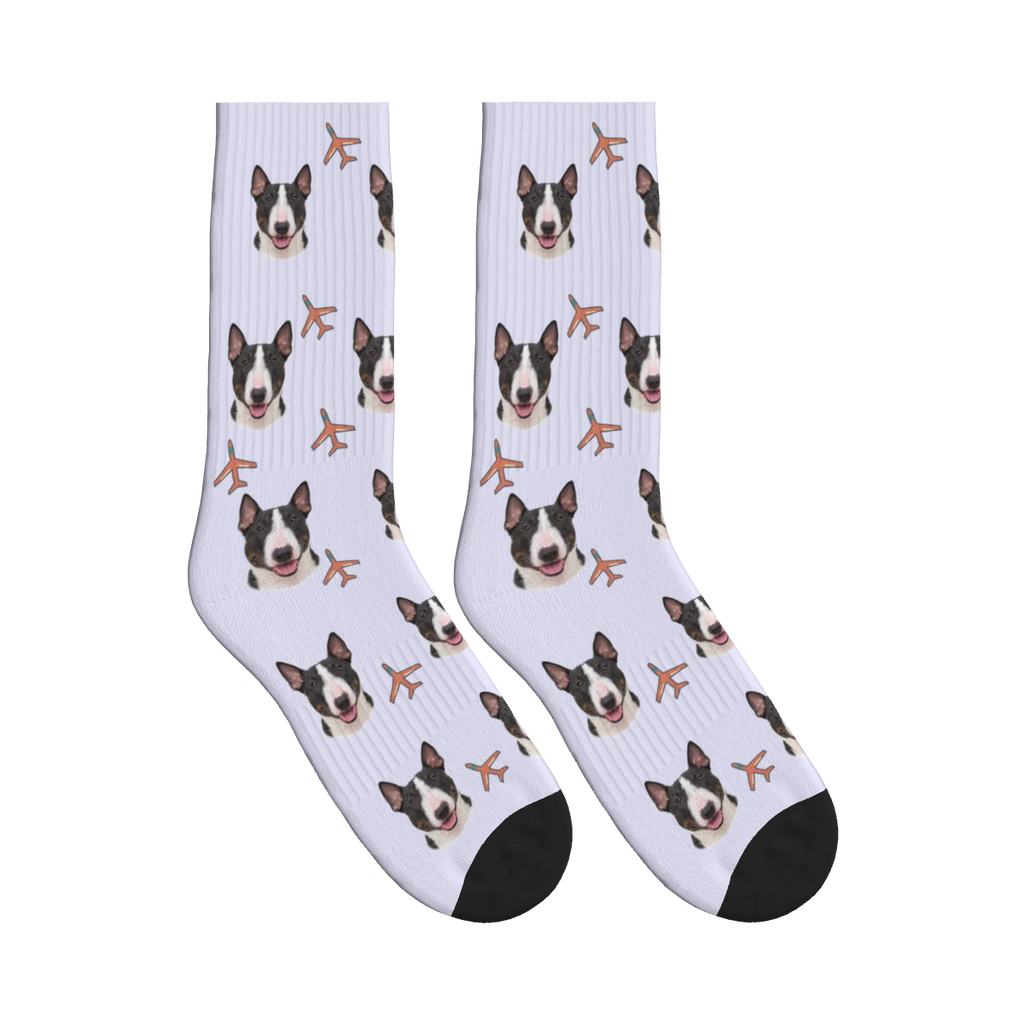 Airplane Dog Face Socks in Lavender with a personalized dog photo