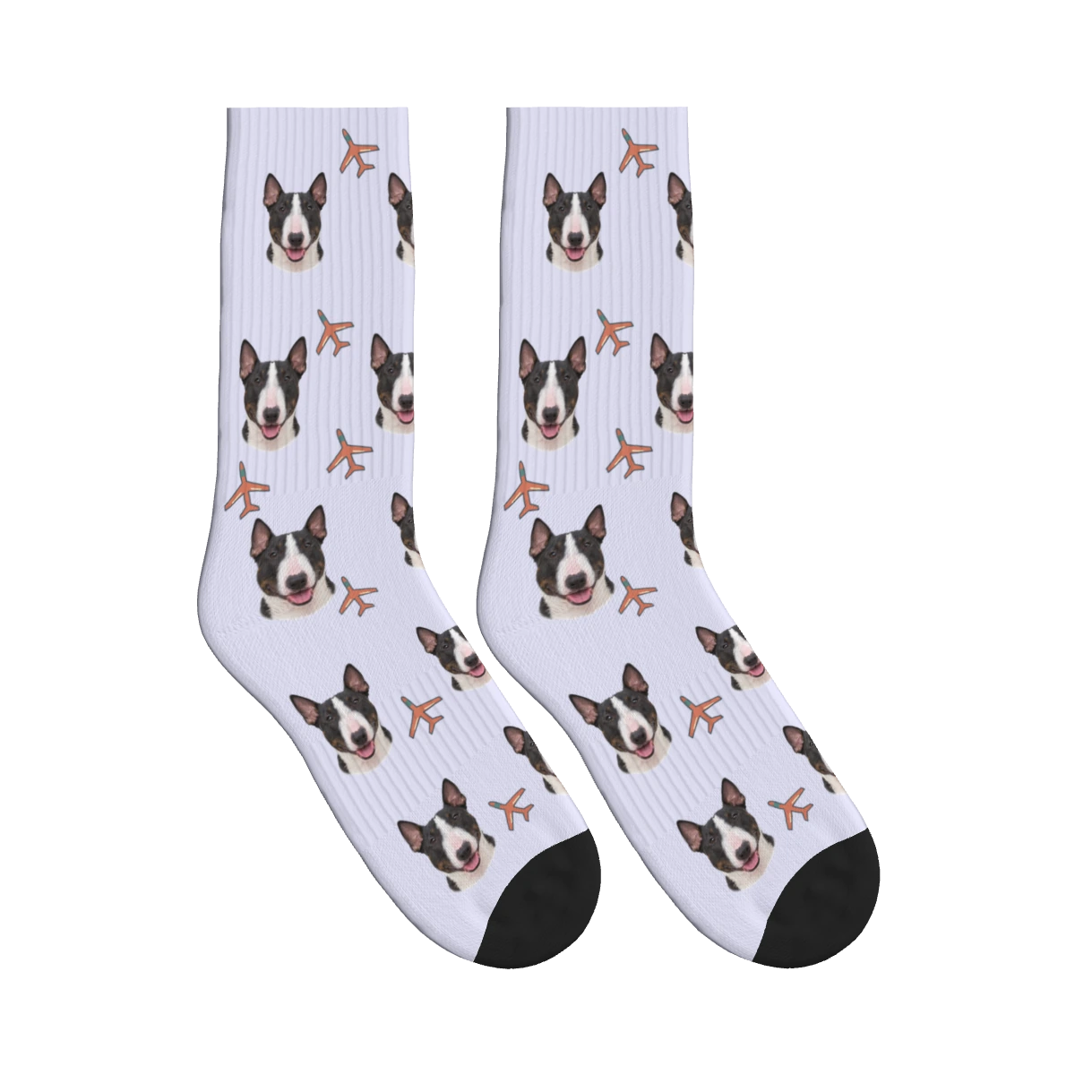 Airplane Dog Face Socks in Lavender with a personalized dog photo