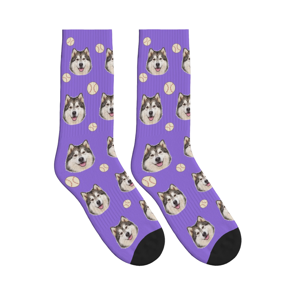 Baseball Dog Face Socks in Purple with a personalized dog photo