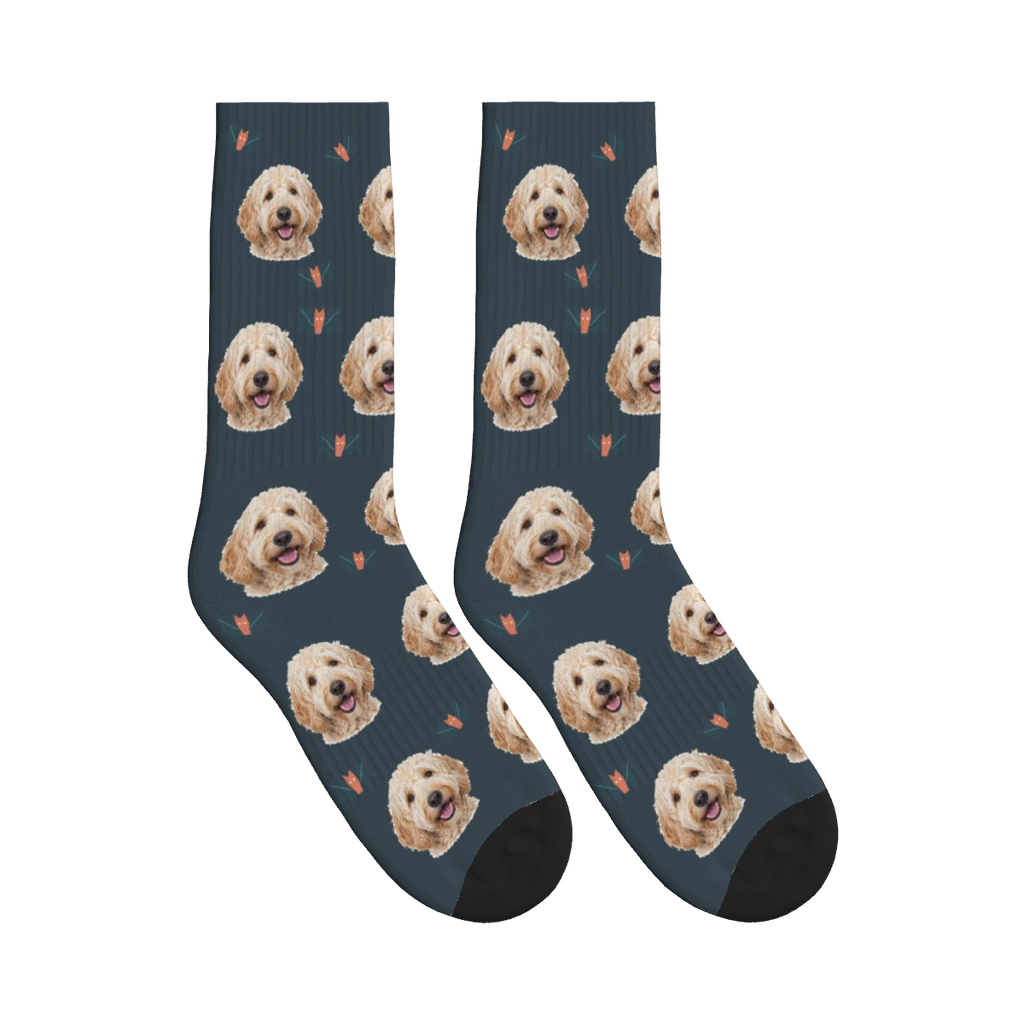 Little Bat Dog Face Socks in Charcoal Gray with a personalized dog photo