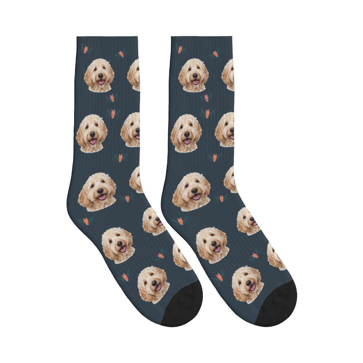 Little Bat Dog Face Socks in Charcoal Gray with a personalized dog photo
