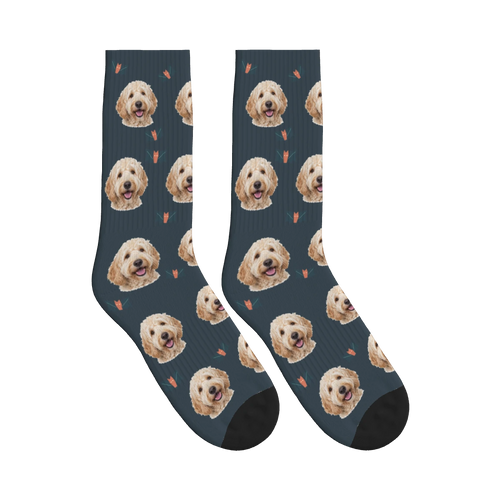 Little Bat Dog Face Socks in Charcoal Gray with a personalized dog photo