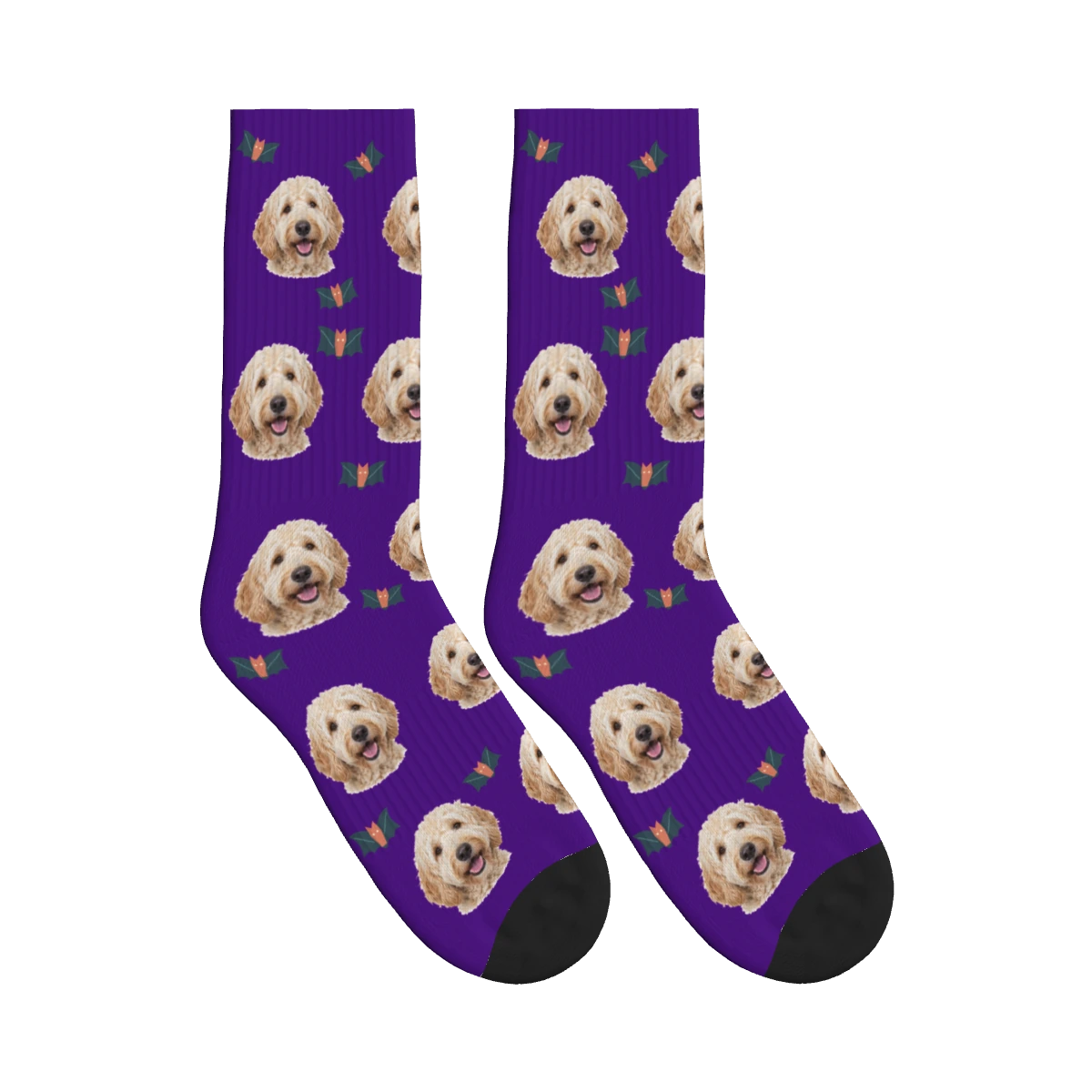 Little Bat Dog Face Socks in Deep Purple with a personalized dog photo