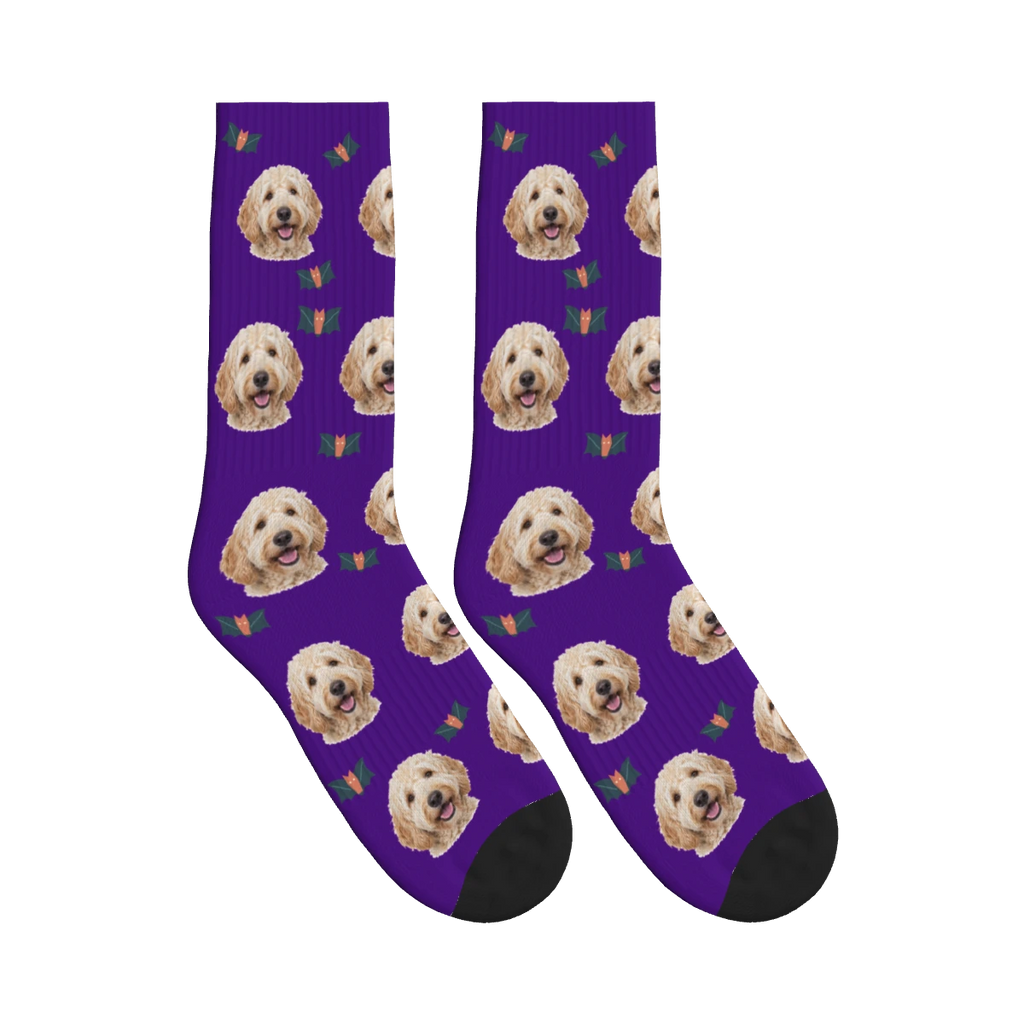 Little Bat Dog Face Socks in Deep Purple with a personalized dog photo