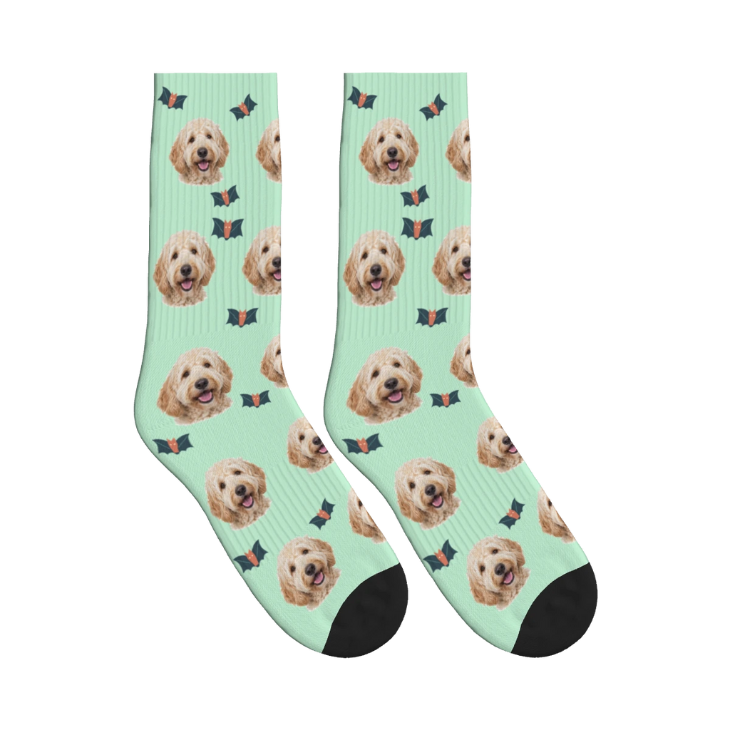 Little Bat Dog Face Socks in Mint Green with a personalized dog photo