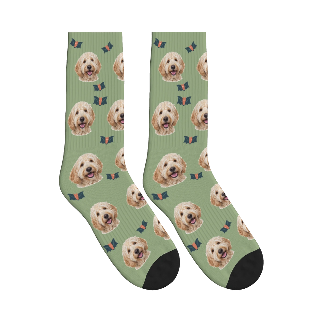 Little Bat Dog Face Socks in Sage Green with a personalized dog photo