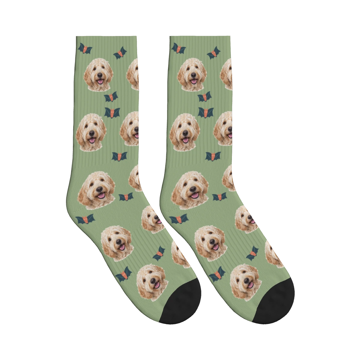 Little Bat Dog Face Socks in Sage Green with a personalized dog photo