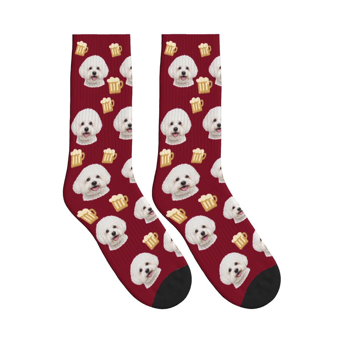 Beer Mug Dog Face Socks in Burgundy with a personalized dog photo