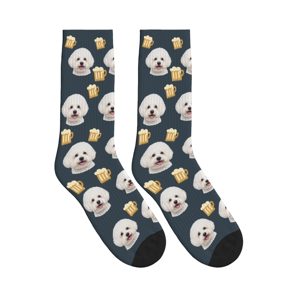 Beer Mug Dog Face Socks in Charcoal Gray with a personalized dog photo