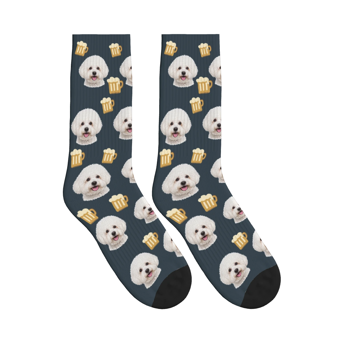 Beer Mug Dog Face Socks in Charcoal Gray with a personalized dog photo