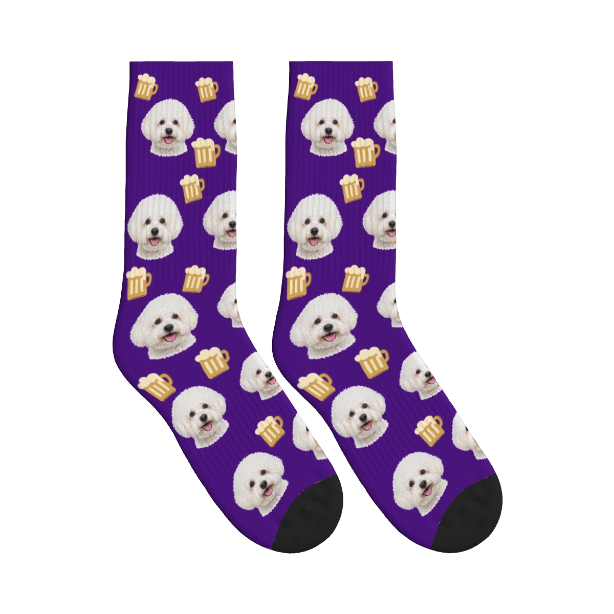 Beer Mug Dog Face Socks in Deep Purple with a personalized dog photo