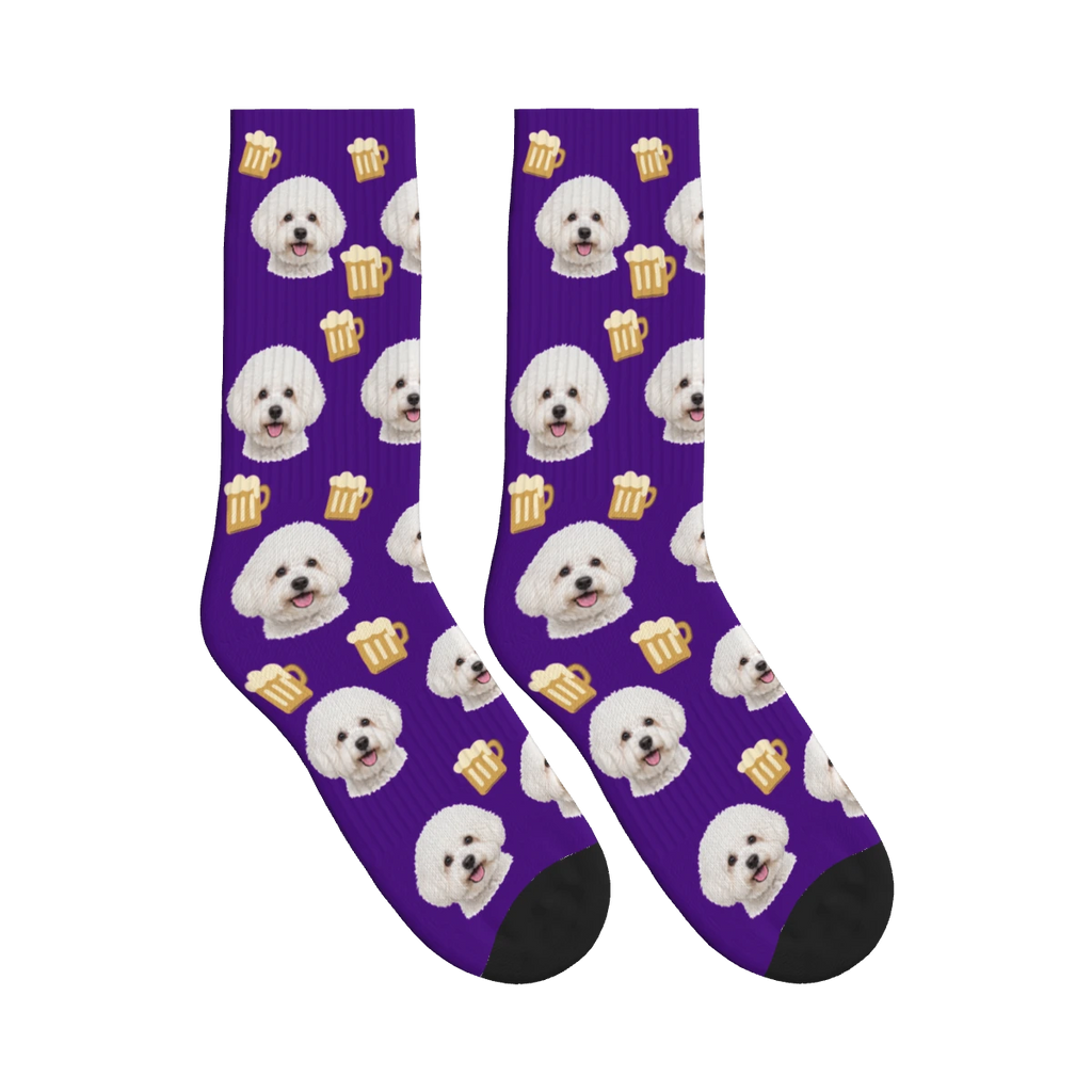 Beer Mug Dog Face Socks in Deep Purple with a personalized dog photo