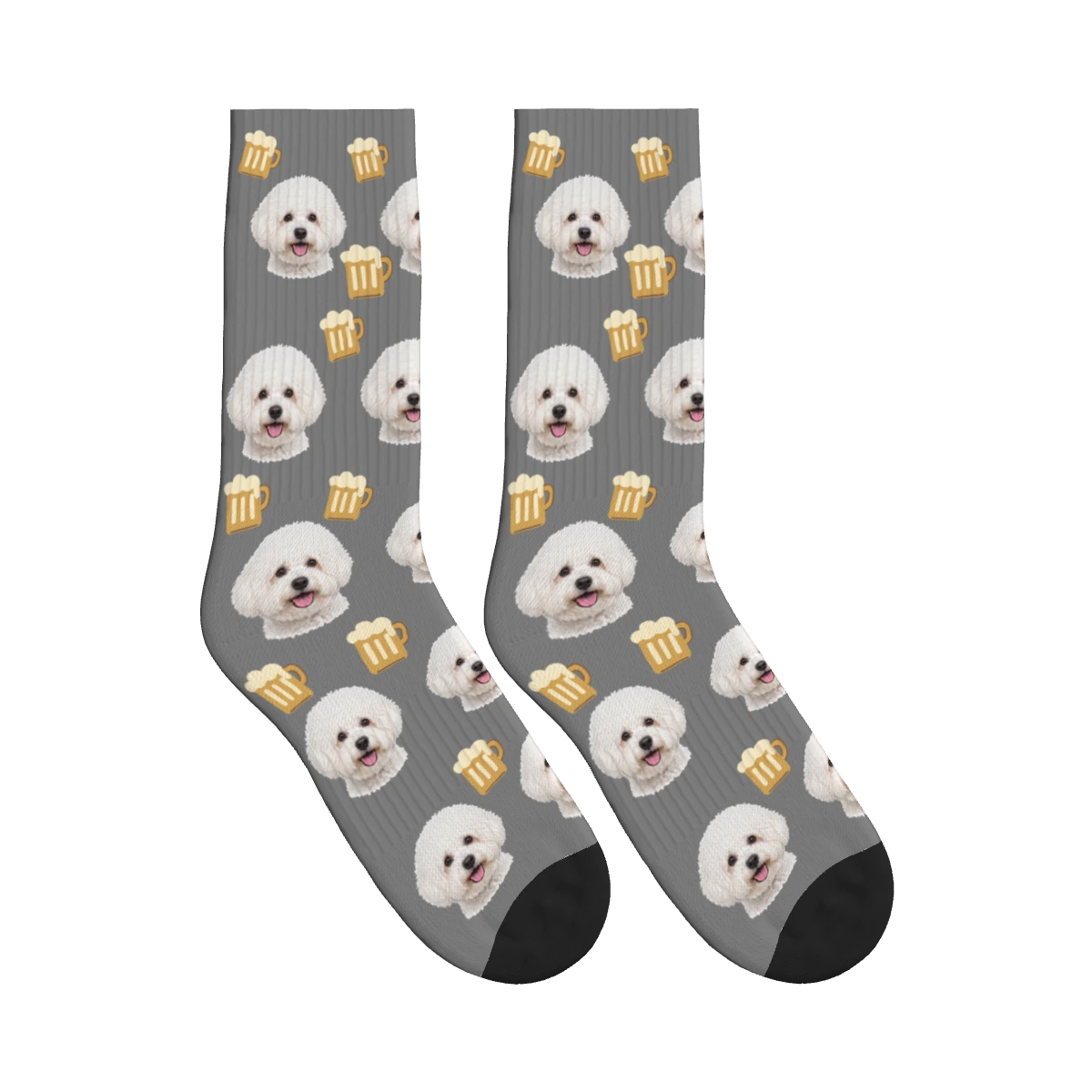 Beer Mug Dog Face Socks in Gray with a personalized dog photo