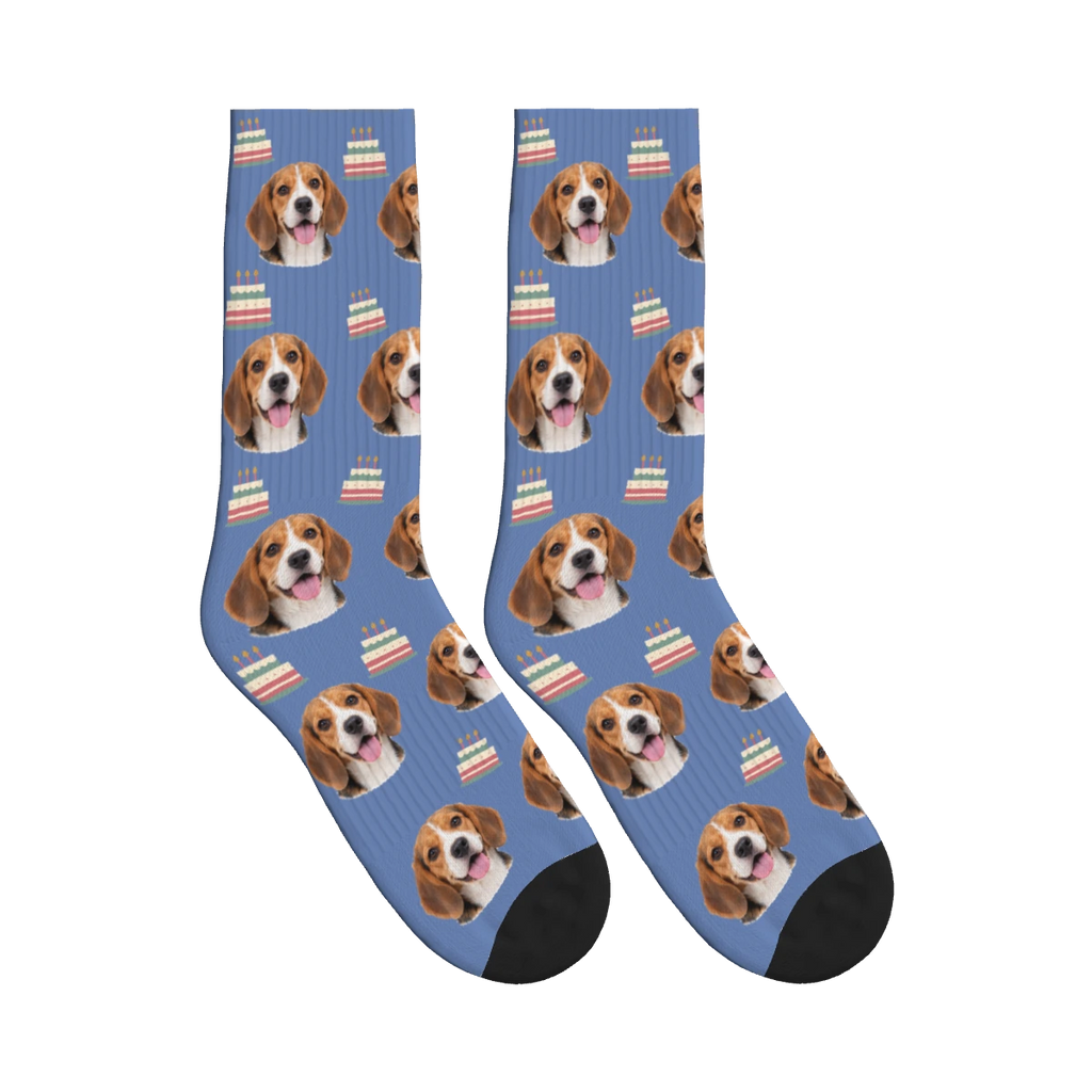 Barkday Cake Dog Face Socks in Slate Blue with a personalized dog photo