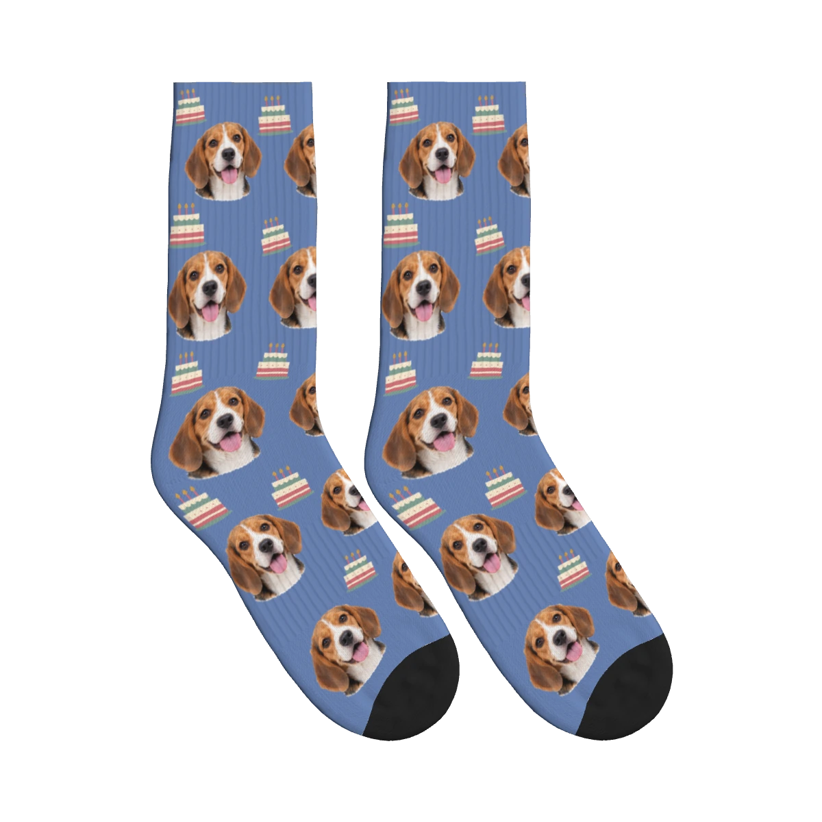 Barkday Cake Dog Face Socks in Slate Blue with a personalized dog photo