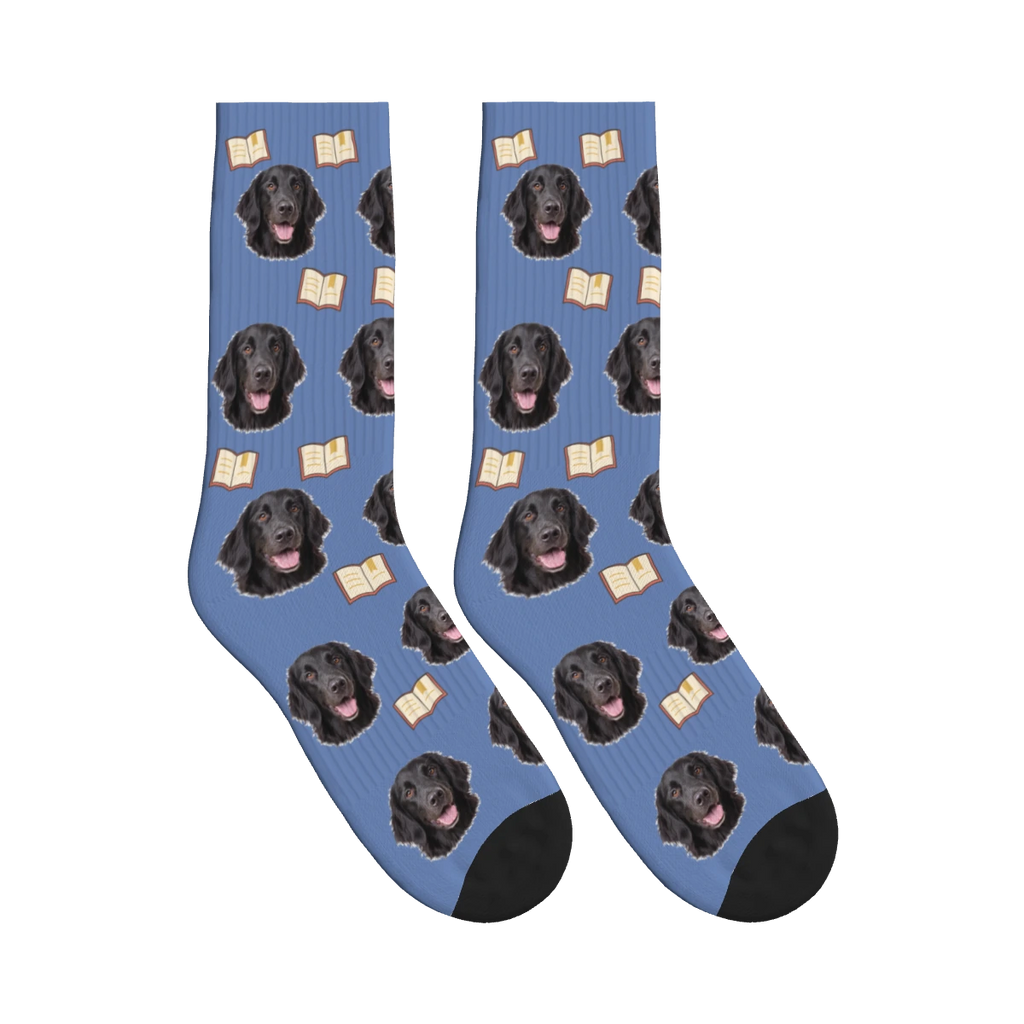 Book Lover Dog Face Socks in Slate Blue with a personalized dog photo