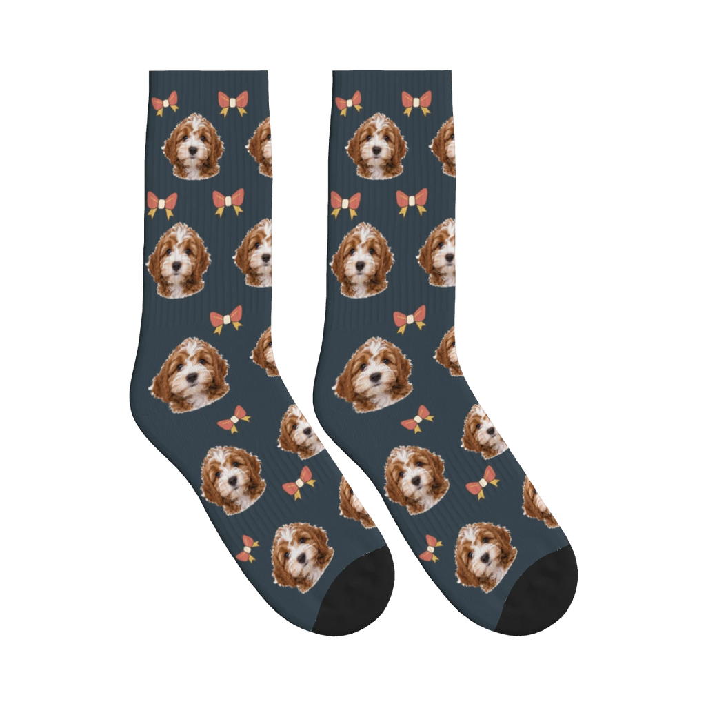 Little Bow Dog Face Socks in Charcoal Gray with a personalized dog photo