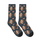 Little Bow Dog Face Socks in Charcoal Gray with a personalized dog photo