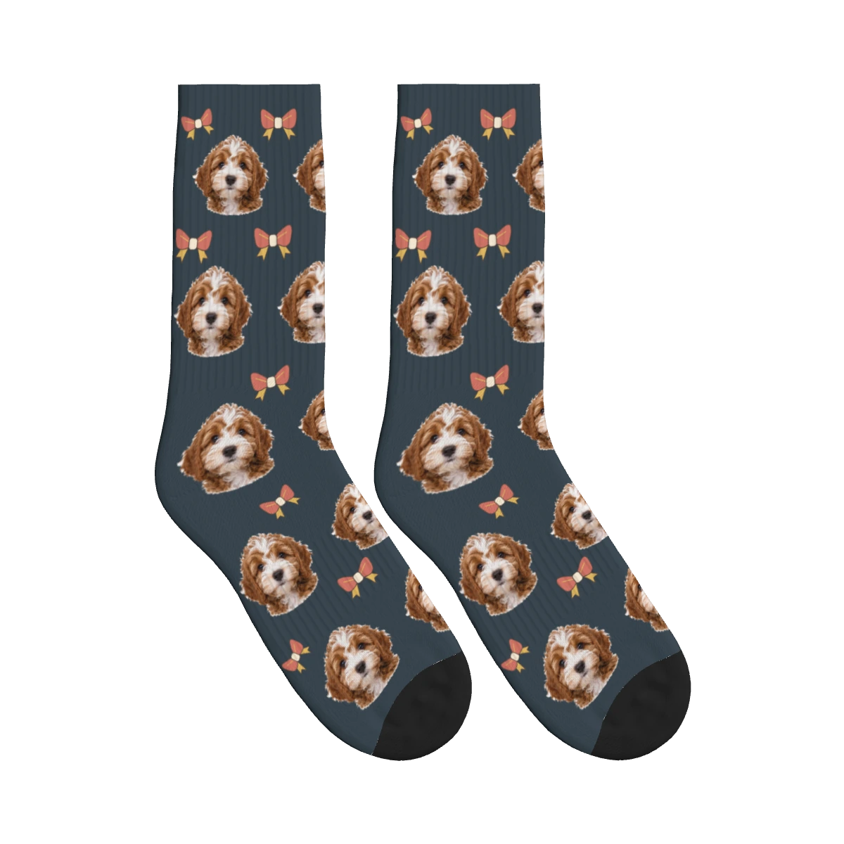 Little Bow Dog Face Socks in Charcoal Gray with a personalized dog photo