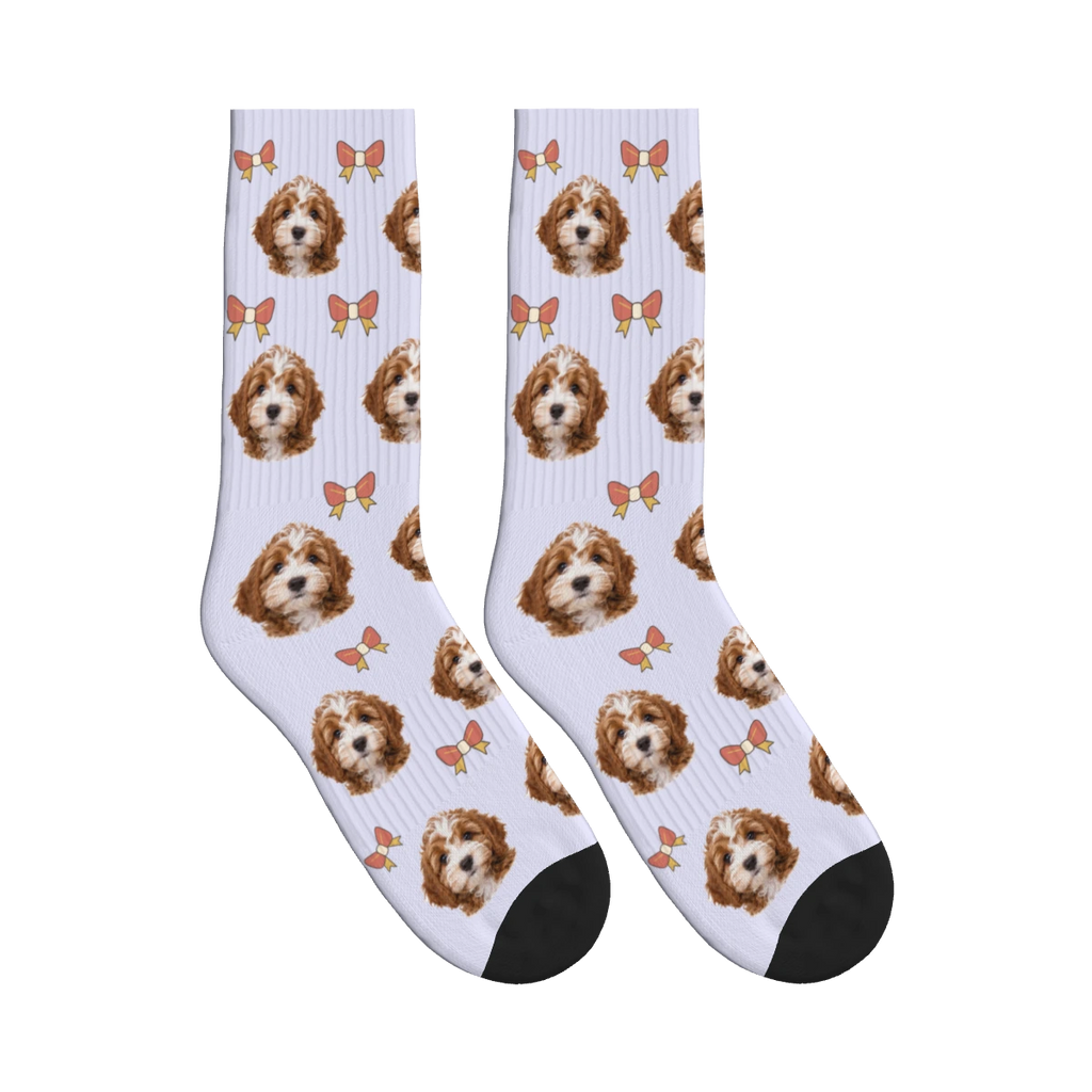 Little Bow Dog Face Socks in Lavender with a personalized dog photo