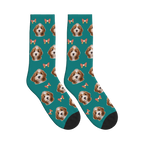 Little Bow Dog Face Socks in Teal with a personalized dog photo