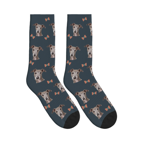 Bow Tie Dog Face Socks in Charcoal Gray with a personalized dog photo