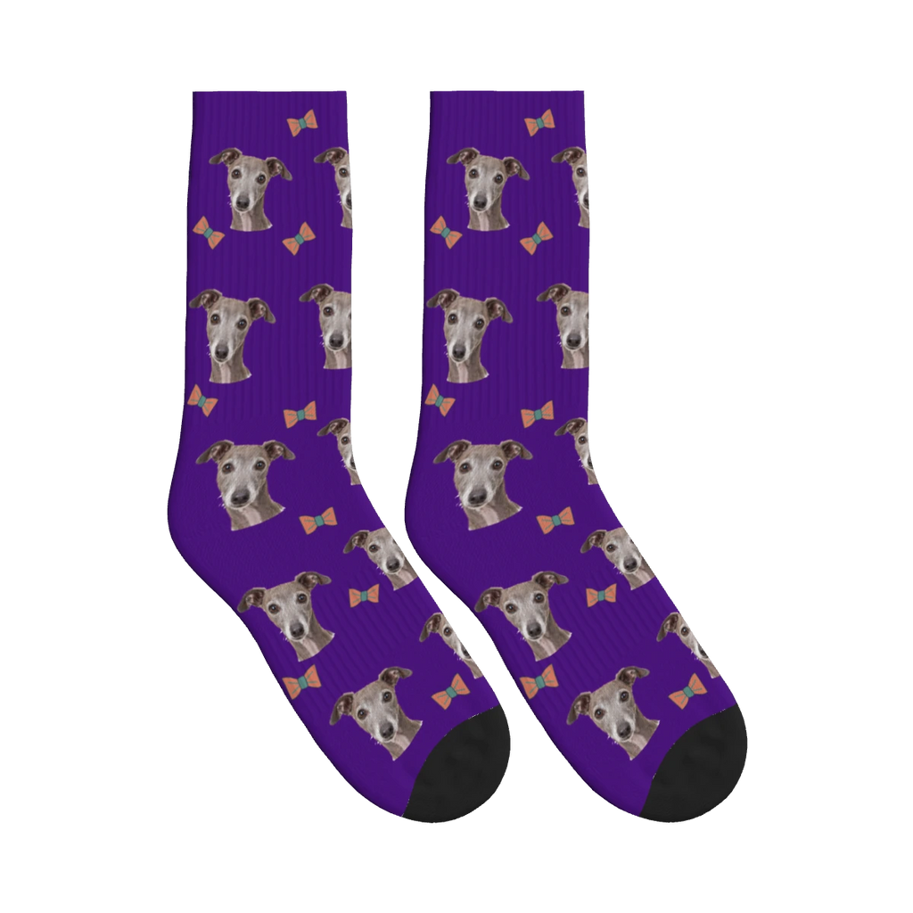 Bow Tie Dog Face Socks in Deep Purple with a personalized dog photo