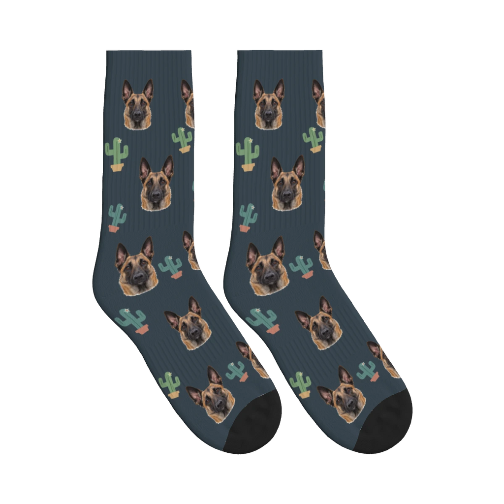 Little Cactus Dog Face Socks in Charcoal Gray with a personalized dog photo