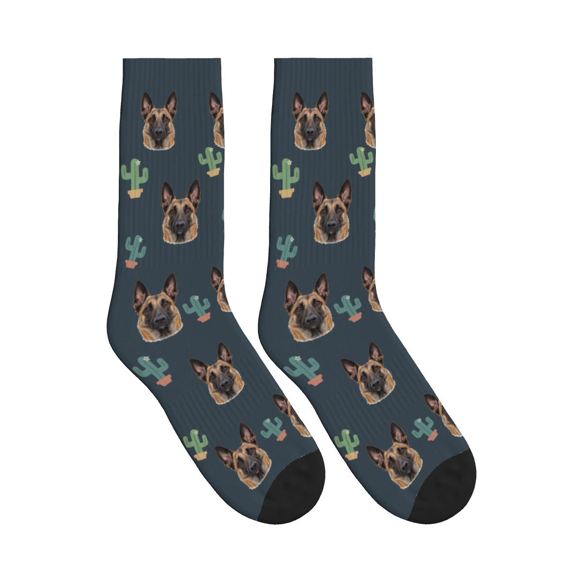Little Cactus Dog Face Socks in Charcoal Gray with a personalized dog photo