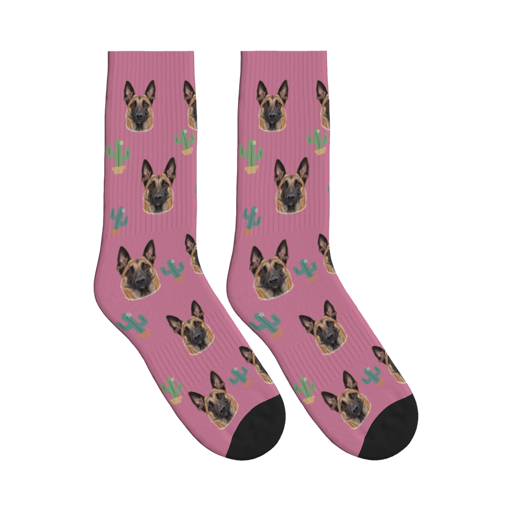 Little Cactus Dog Face Socks in Dusty Rose with a personalized dog photo