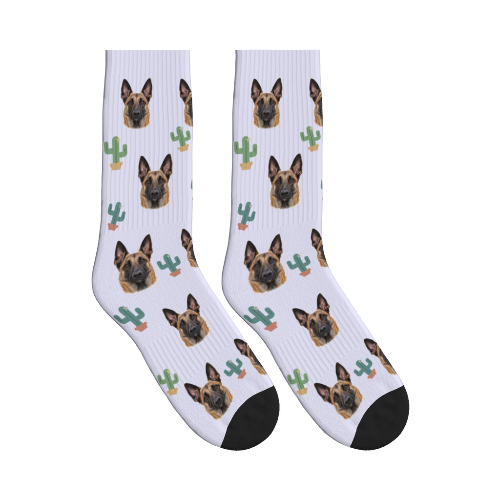 Little Cactus Dog Face Socks in Lavender with a personalized dog photo