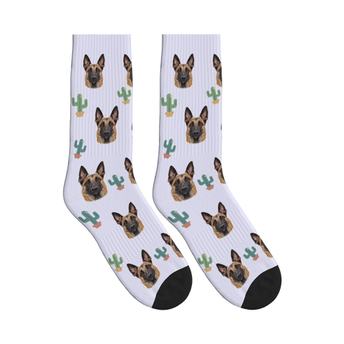 Little Cactus Dog Face Socks in Lavender with a personalized dog photo