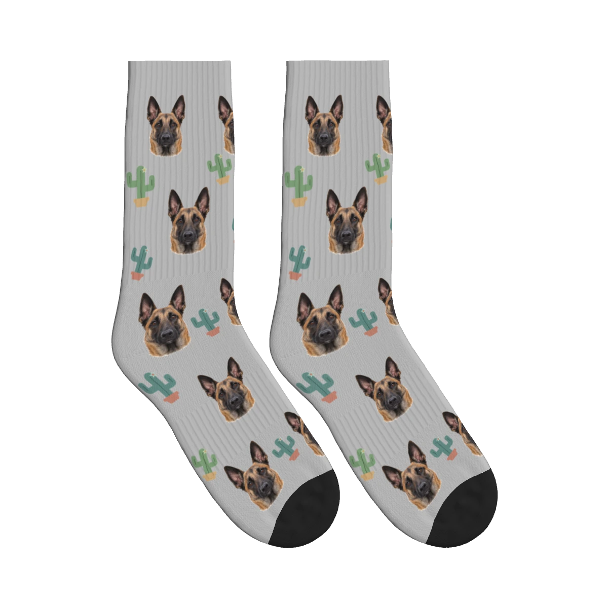 Little Cactus Dog Face Socks in Light Gray with a personalized dog photo