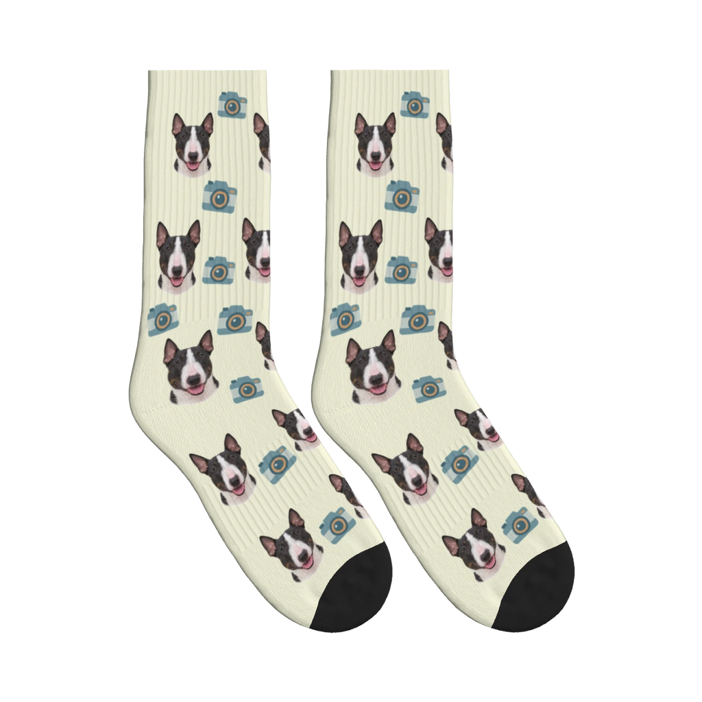 Camera Dog Face Socks in Beige with a personalized dog photo
