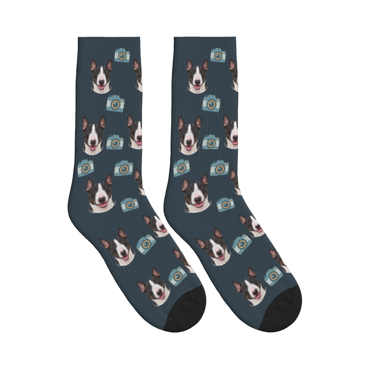 Camera Dog Face Socks in Charcoal Gray with a personalized dog photo