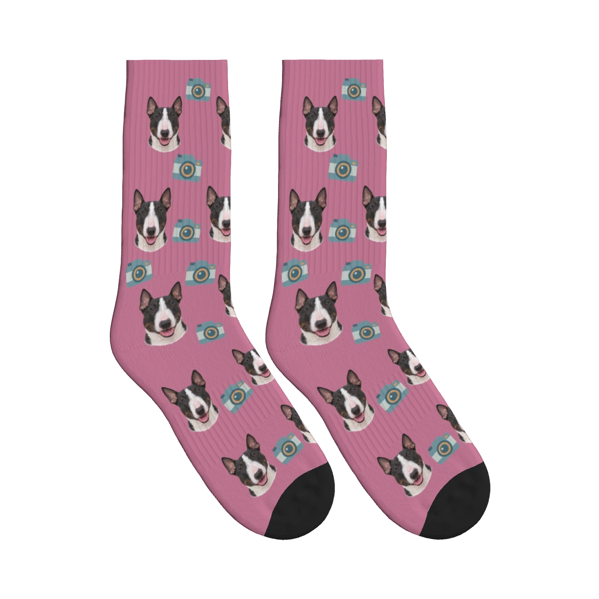 Camera Dog Face Socks in Dusty Rose with a personalized dog photo