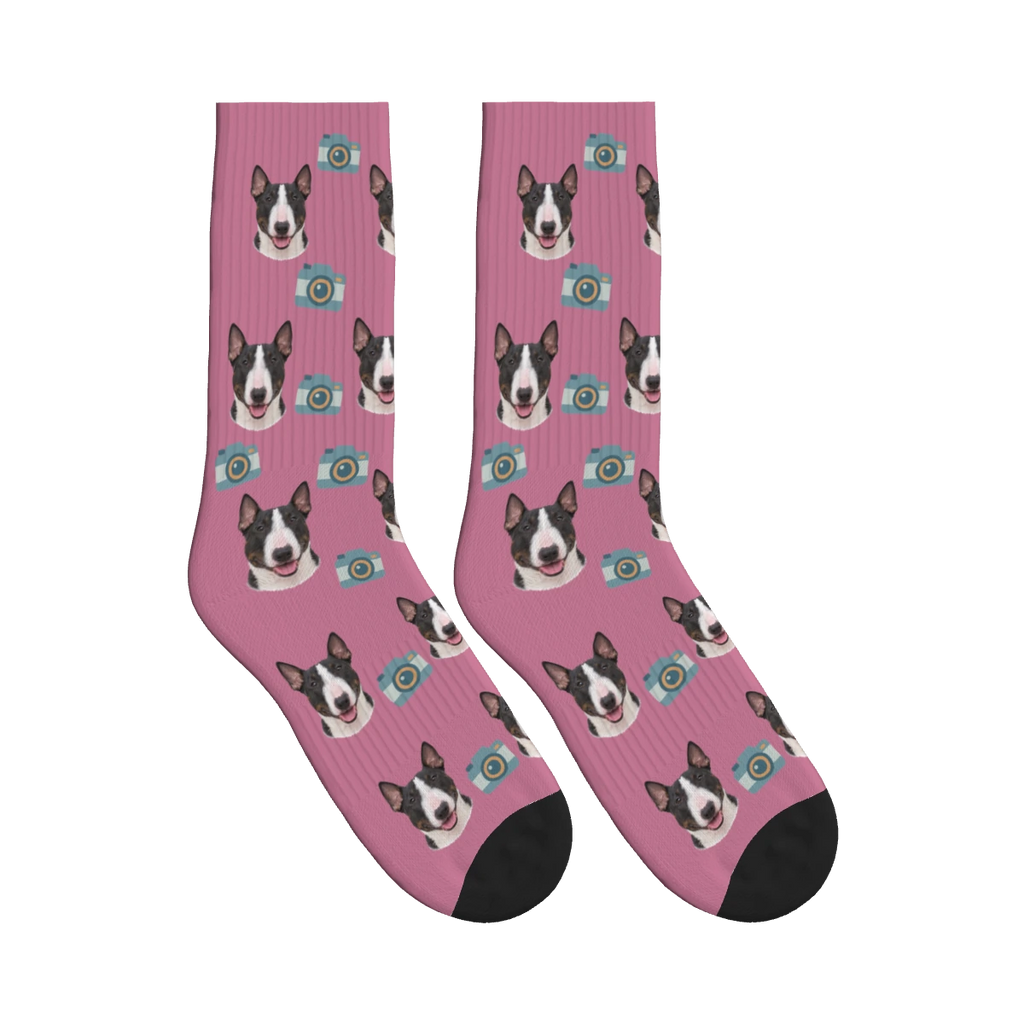 Camera Dog Face Socks in Dusty Rose with a personalized dog photo